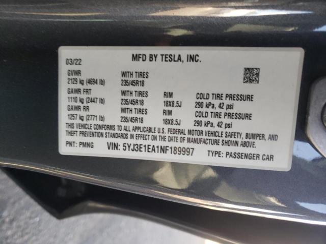 Photo 10 from auction – 2022 TESLA MODEL 3 with VIN 5YJ3E1EA1NF189997