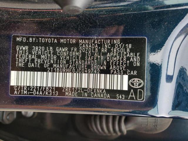 Photo 10 from auction – 2018 TOYOTA COROLLA L with VIN 2T1BURHE0JC049742