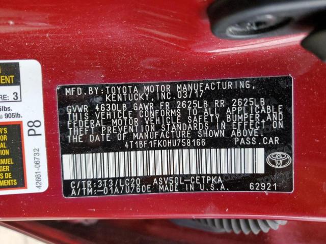 Photo 10 from auction – 2017 TOYOTA CAMRY LE with VIN 4T1BF1FK0HU758166