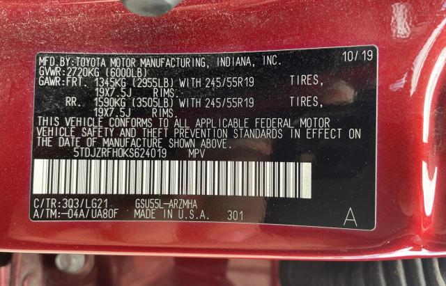 Photo 10 from auction – 2019 TOYOTA HIGHLANDER with VIN 5TDJZRFH0KS624019