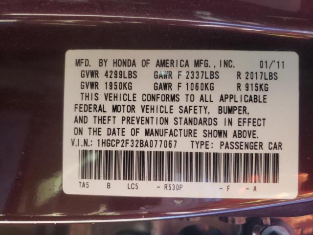 Photo 10 from auction – 2011 HONDA ACCORD LX with VIN 1HGCP2F32BA077067
