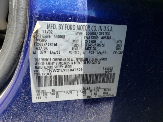 Photo 10 from auction – 2003 FORD F250 SUPER with VIN 1FTNW21L93EB41729
