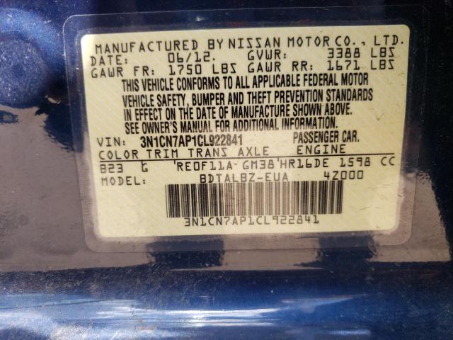 Photo 10 from auction – 2012 NISSAN VERSA S with VIN 3N1CN7AP1CL922841