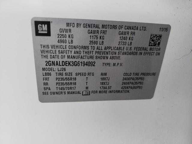 Photo 10 from auction – 2016 CHEVROLET EQUINOX LT with VIN 2GNALDEK3G6194092