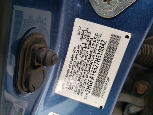 Photo 10 from auction – 2007 HONDA CIVIC LX with VIN 2HGFA16527H510342