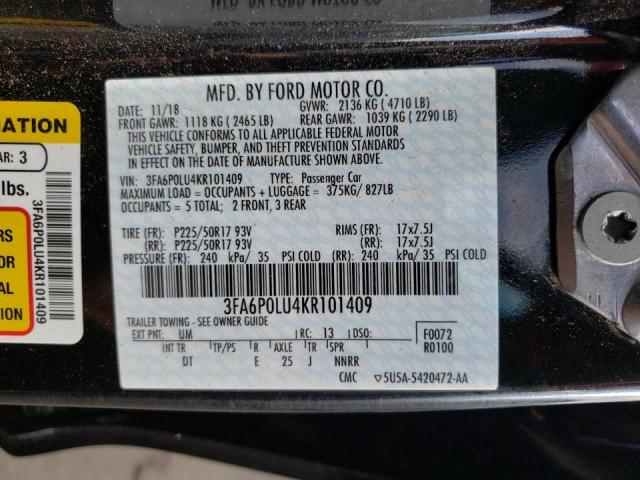 Photo 10 from auction – 2019 FORD FUSION SE with VIN 3FA6P0LU4KR101409