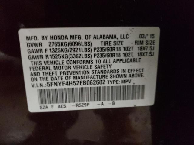 Photo 10 from auction – 2015 HONDA PILOT EXL with VIN 5FNYF4H52FB062602