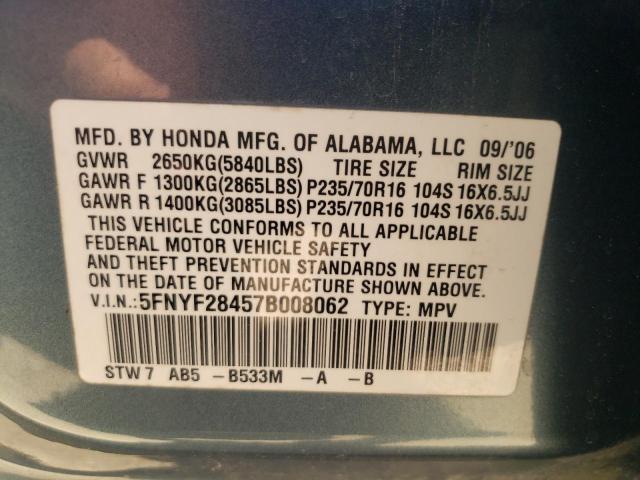 Photo 10 from auction – 2007 HONDA PILOT EX with VIN 5FNYF28457B008062
