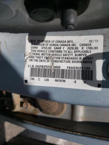 Photo 10 from auction – 2012 HONDA CIVIC EXL with VIN 2HGFB2F97CH504939