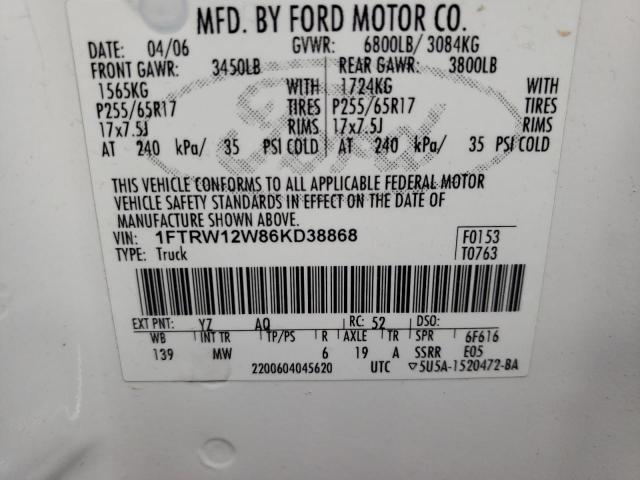 Photo 10 from auction – 2006 FORD F150 SUPER with VIN 1FTRW12W86KD38868