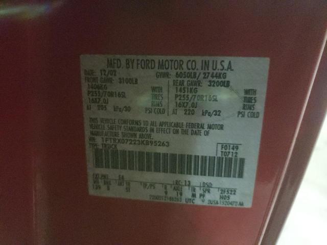 Photo 10 from auction – 2003 FORD F150 with VIN 1FTRX07223KB95263