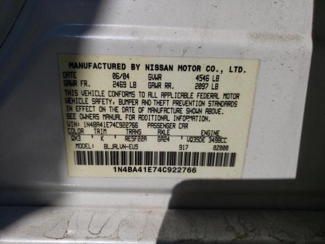 Photo 10 from auction – 2004 NISSAN MAXIMA SE with VIN 1N4BA41E74C922766