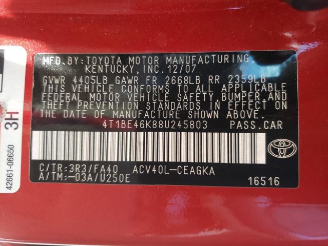 Photo 10 from auction – 2008 TOYOTA CAMRY CE with VIN 4T1BE46K88U245803