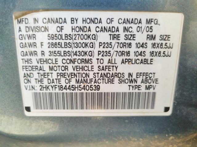 Photo 10 from auction – 2005 HONDA PILOT EX with VIN 2HKYF18445H540539