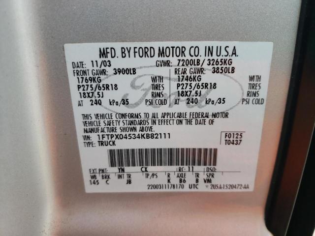 Photo 10 from auction – 2004 FORD F150 with VIN 1FTPX04534KB82111