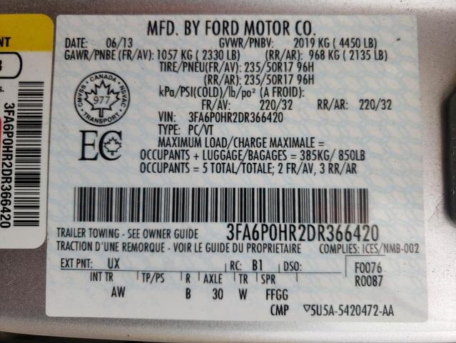 Photo 10 from auction – 2013 FORD FUSION SE with VIN 3FA6P0HR2DR366420