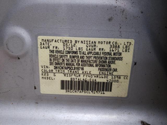Photo 10 from auction – 2012 NISSAN VERSA S with VIN 3N1CN7AP5CL919716