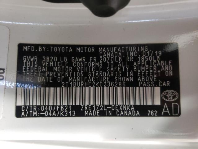 Photo 10 from auction – 2019 TOYOTA COROLLA L with VIN 2T1BURHE2KC236286