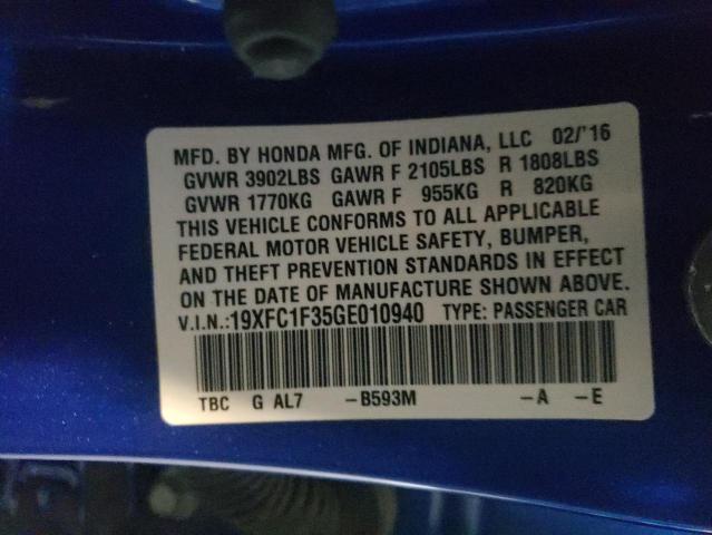 Photo 10 from auction – 2016 HONDA CIVIC EX with VIN 19XFC1F35GE010940