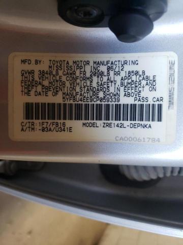Photo 10 from auction – 2012 TOYOTA COROLLA BA with VIN 5YFBU4EE9CP059339