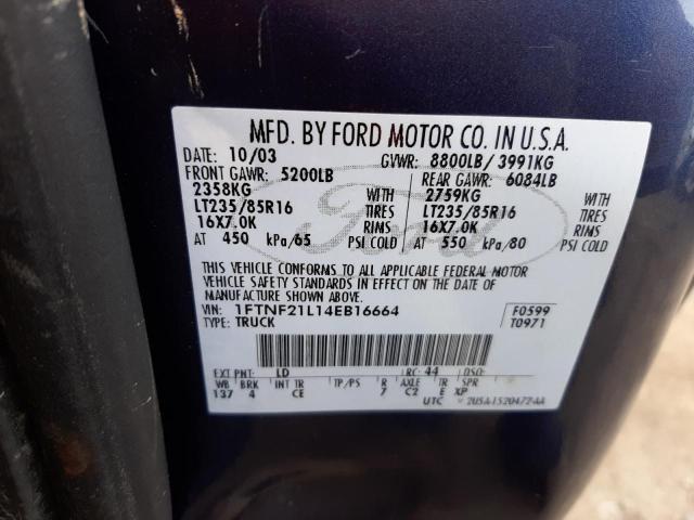 Photo 10 from auction – 2004 FORD F250 SUPER with VIN 1FTNF21L14EB16664