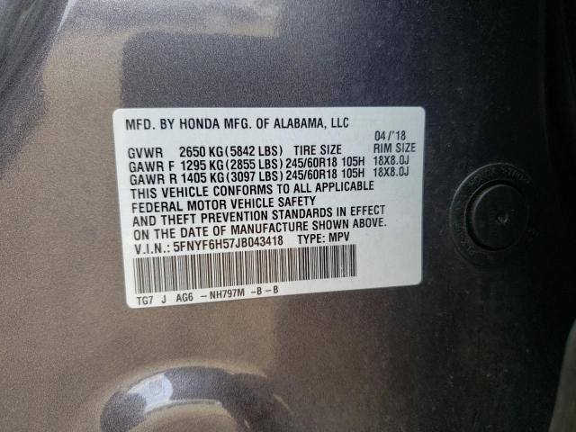 Photo 10 from auction – 2018 HONDA PILOT EXL with VIN 5FNYF6H57JB043418