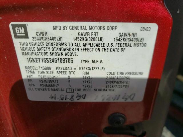 Photo 10 from auction – 2004 GMC ENVOY XL with VIN 1GKET16S246108705