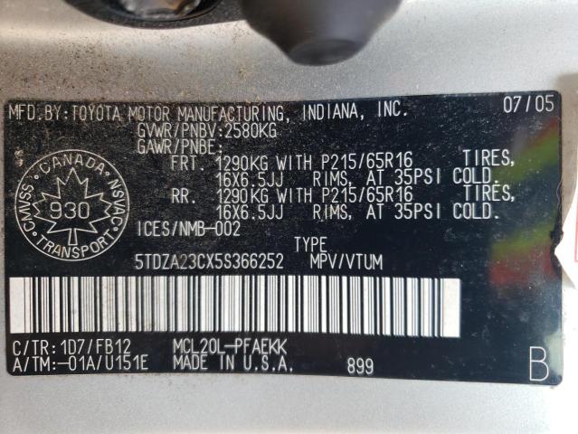 Photo 10 from auction – 2005 TOYOTA SIENNA CE with VIN 5TDZA23CX5S366252