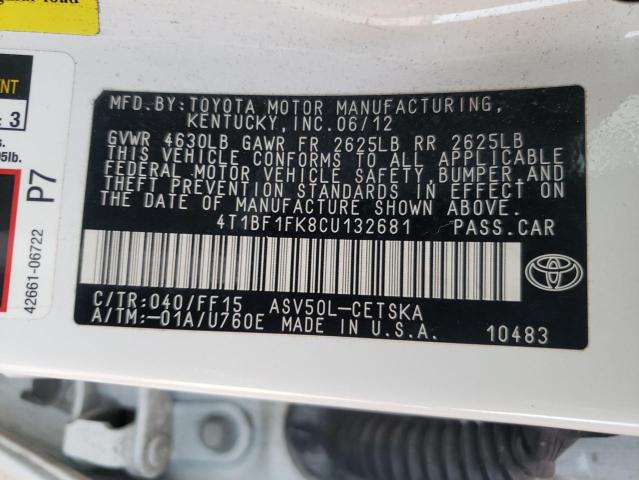 Photo 10 from auction – 2012 TOYOTA CAMRY BASE with VIN 4T1BF1FK8CU132681