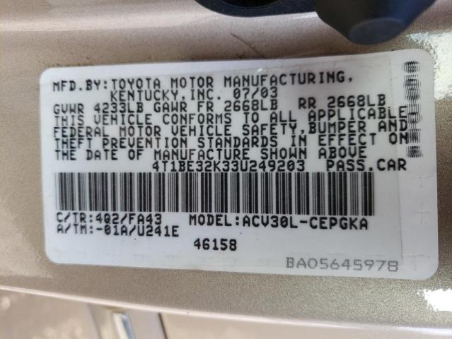 Photo 10 from auction – 2003 TOYOTA CAMRY LE with VIN 4T1BE32K33U249203