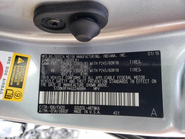 Photo 10 from auction – 2016 TOYOTA HIGHLANDER with VIN 5TDBKRFH4GS246884