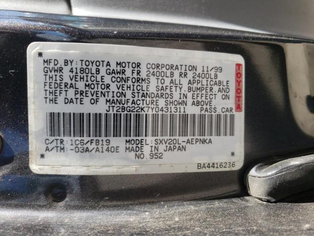 Photo 10 from auction – 2000 TOYOTA CAMRY CE with VIN JT2BG22K7Y0431311