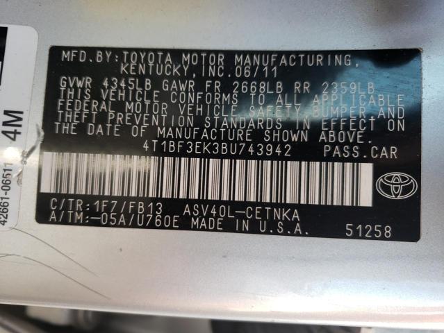 Photo 10 from auction – 2011 TOYOTA CAMRY BASE with VIN 4T1BF3EK3BU743942