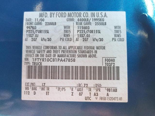 Photo 10 from auction – 2001 FORD RANGER with VIN 1FTYR10C81PA47858