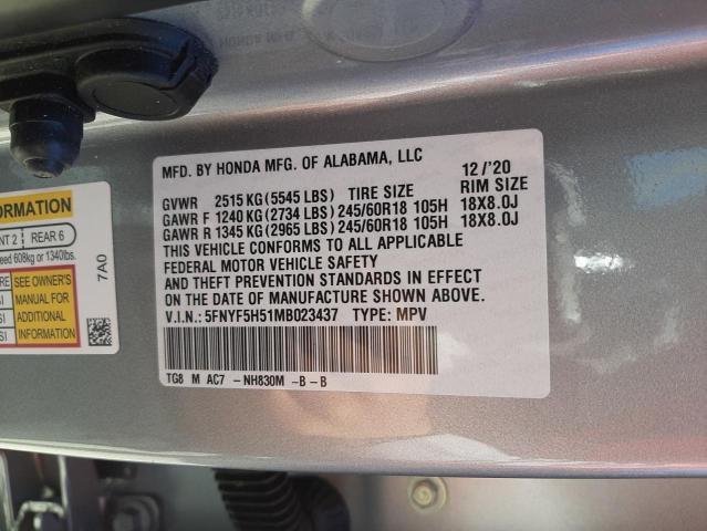 Photo 10 from auction – 2021 HONDA PILOT EXL with VIN 5FNYF5H51MB023437