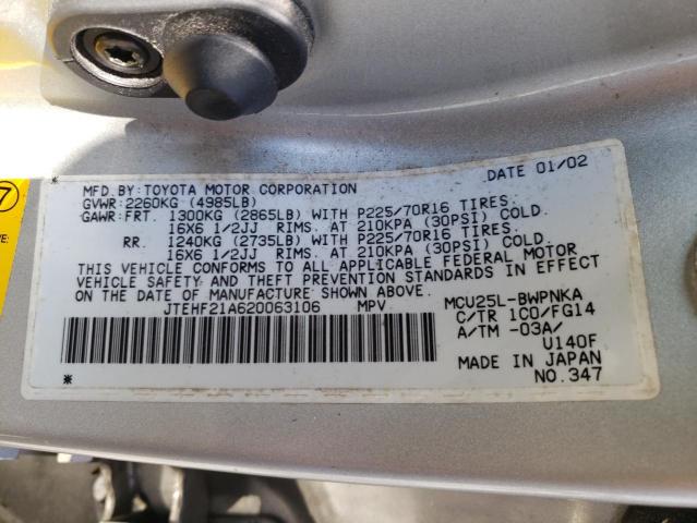 Foto 10 de la subasta – 2002 TOYOTA HIGHLANDER con VIN JTEHF21A620063106