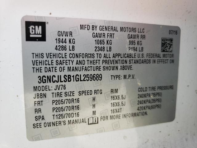 Photo 10 from auction – 2016 CHEVROLET TRAX 1LT with VIN 3GNCJLSB1GL259689