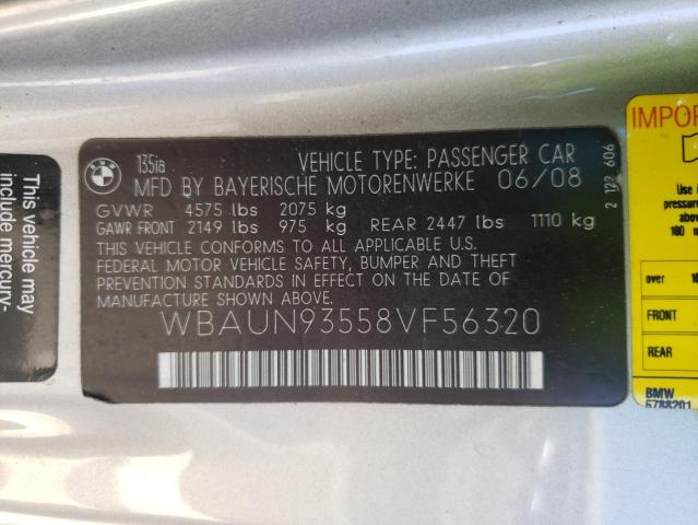 Photo 10 from auction – 2008 BMW 135I with VIN WBAUN93558VF56320