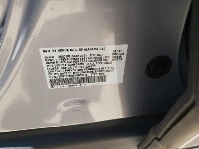 Photo 10 from auction – 2017 HONDA PILOT ELIT with VIN 5FNYF6H06HB089918