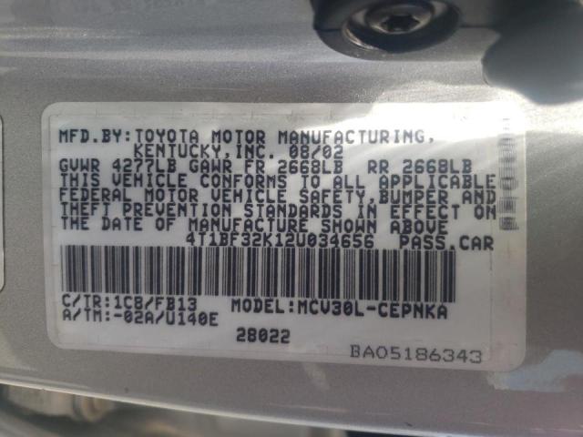 Photo 10 from auction – 2002 TOYOTA CAMRY LE with VIN 4T1BF32K12U034656