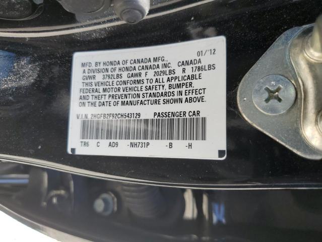 Photo 10 from auction – 2012 HONDA CIVIC EXL with VIN 2HGFB2F92CH543129