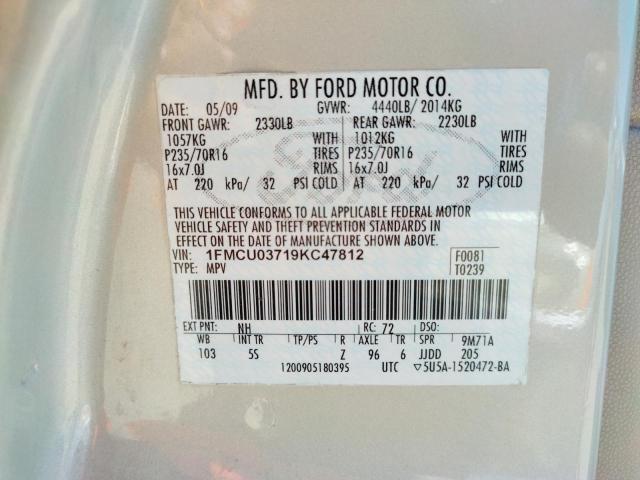 Photo 10 from auction – 2009 FORD ESCAPE XLT with VIN 1FMCU03719KC47812