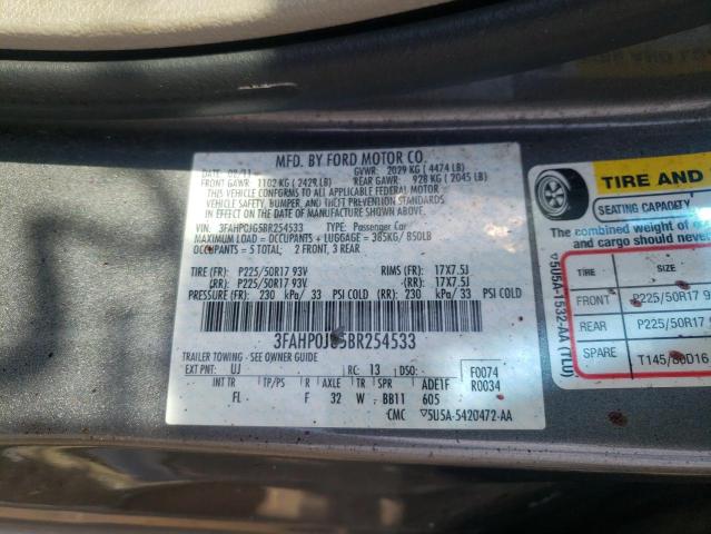 Photo 10 from auction – 2011 FORD FUSION SEL with VIN 3FAHP0JG5BR254533