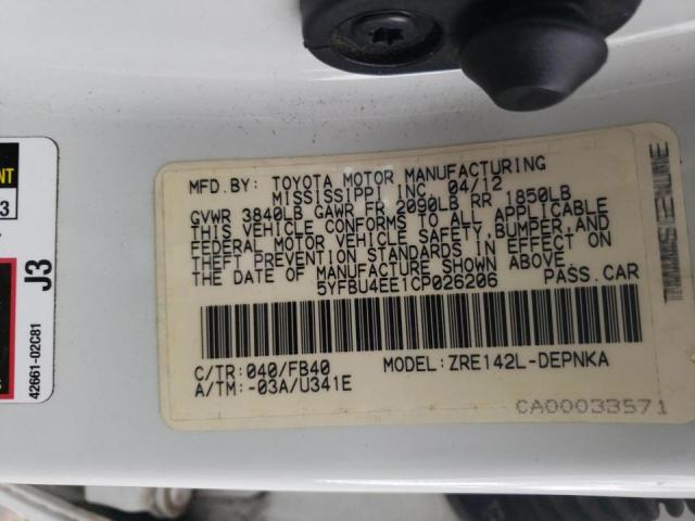 صورة رقم 10 من المزاد - 2012 TOYOTA COROLLA BA مع VIN 5YFBU4EE1CP026206