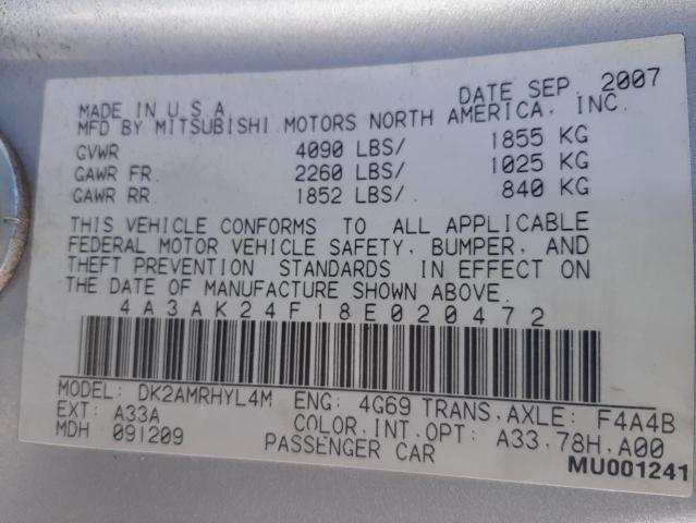 Photo 10 from auction – 2008 MITSUBISHI ECLIPSE with VIN 4A3AK24F18E020472