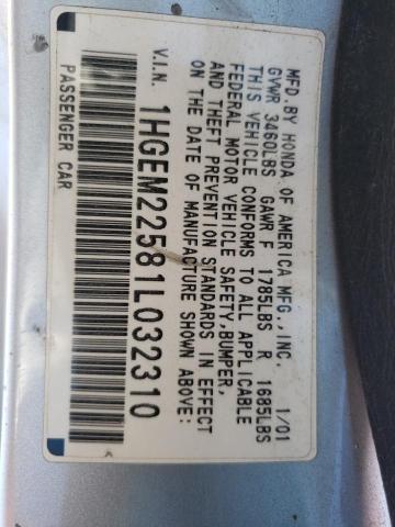 Photo 10 from auction – 2001 HONDA CIVIC LX with VIN 1HGEM22581L032310