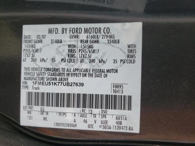 Photo 10 from auction – 2007 FORD EXPLORER S with VIN 1FMEU51K77UB27639