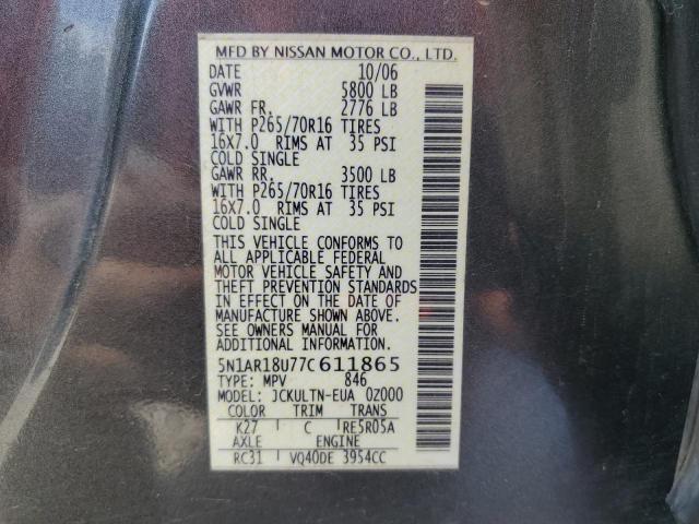 Photo 10 from auction – 2007 NISSAN PATHFINDER with VIN 5N1AR18U77C611865