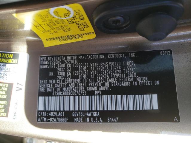 Photo 10 from auction – 2012 TOYOTA VENZA LE with VIN 4T3BK3BB8CU070753