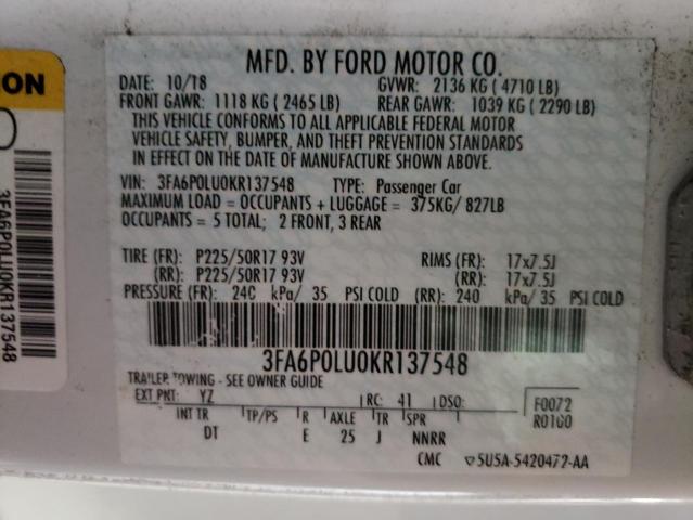 Photo 10 from auction – 2019 FORD FUSION SE with VIN 3FA6P0LU0KR137548